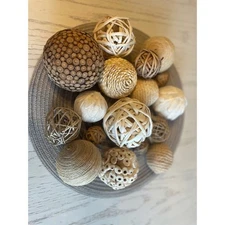 17 PC Deco Filler Balls Natural Rattan Wood Woven Twine Set BOWL NOT INCLUDED