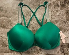 NWT VICTORIA'S SECRET 32D GREEN SILVER SHINE STRAP BOMBSHELL PUSH UP BIKINI TOP