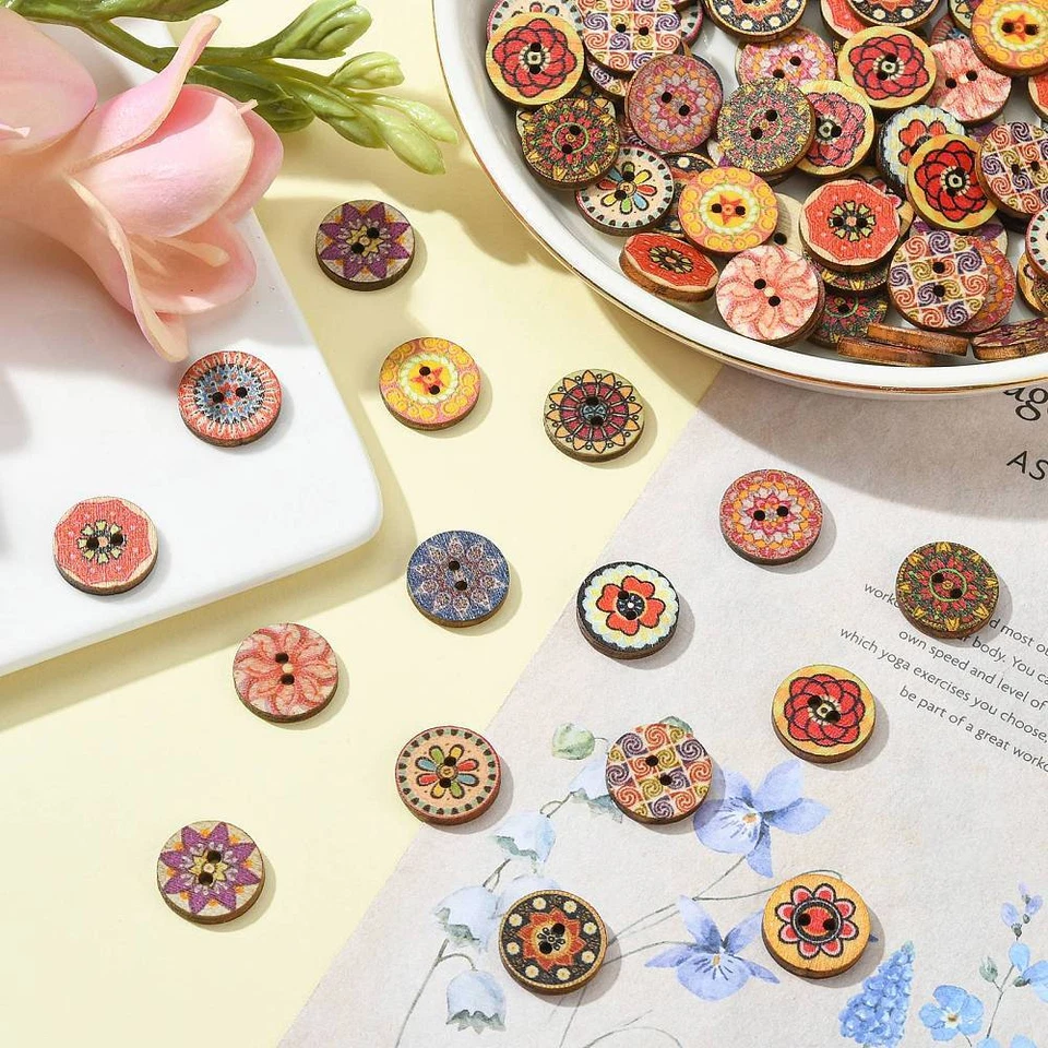 100Pcs Flower Printed Round Buttons Wooden Buttons Decor for DIY Sewing Crafts - Image 4 of 4