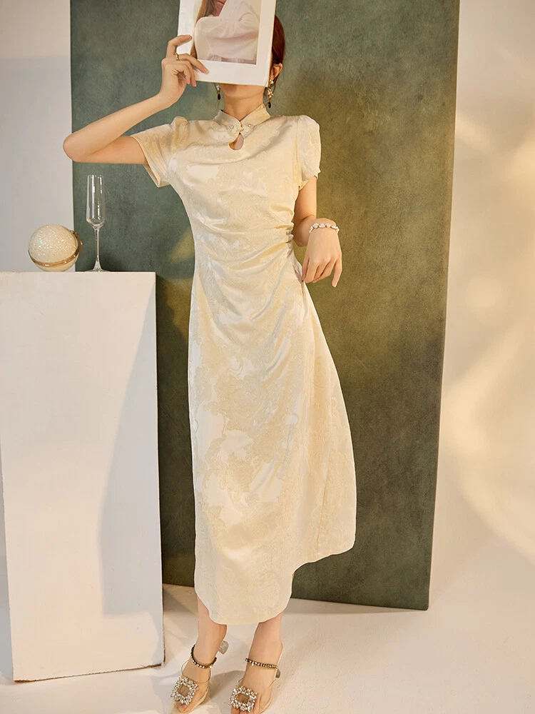 OFF WHITE Gonna lunga stile cinese seta Cheongsam donna ricamo stand colletto abiti