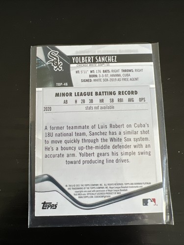 2021 Bowman Platinum Yolbert Sanchez Ice Parallel 024/299 - Picture 3 of 3