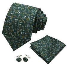 Mens Ties Pocket Square Sets Green Floral Cufflinks Wedding Prom Groomsmen