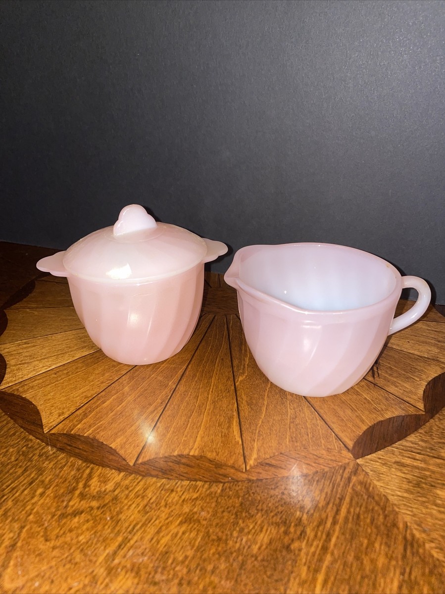 Vintage Fire King Pink Swirl Creamer & Sugar Set With Lid Rare