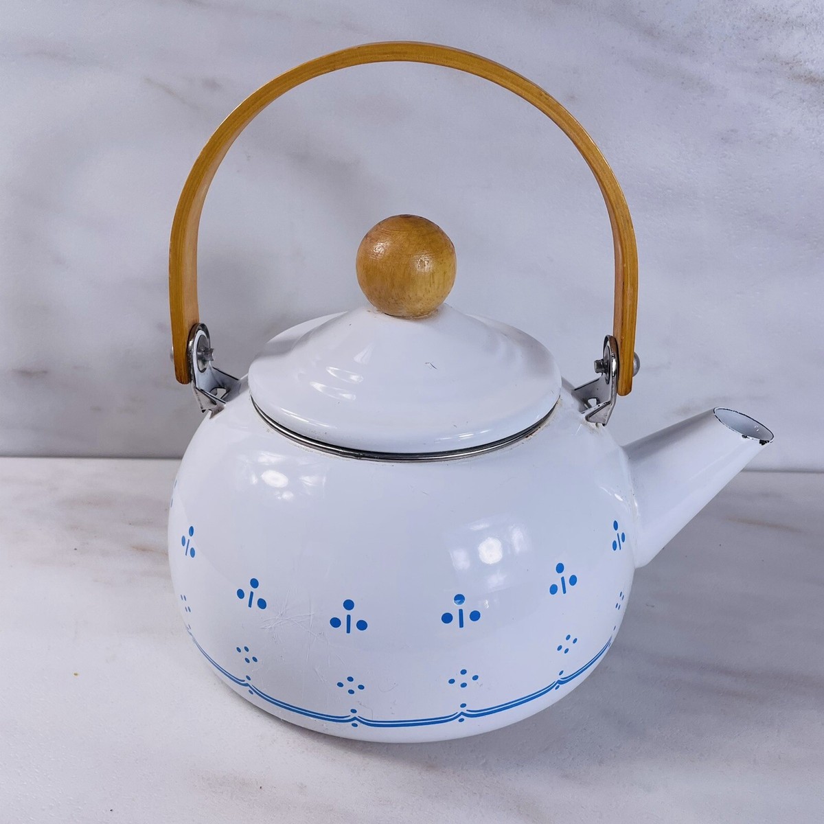 Vintage Enamelware Teapot Blue White Wooden Handle Cottage Core