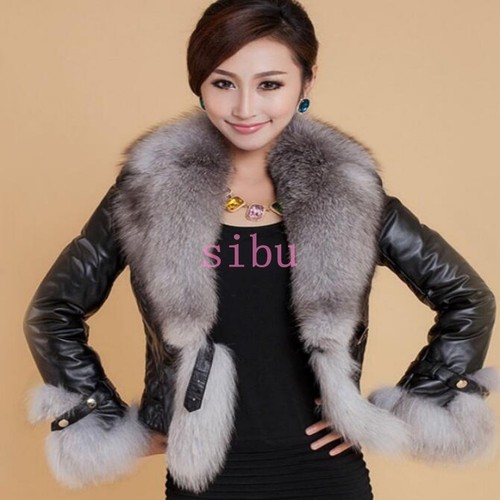 faux fox fur collar leather balt coat 
