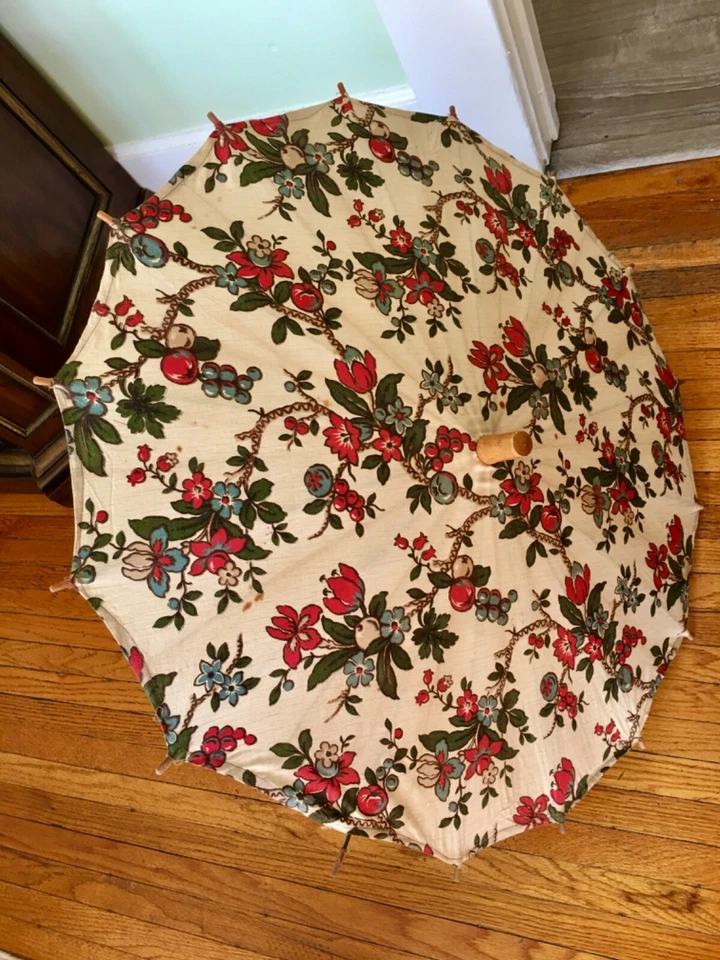 Guarda-sol vitoriano raro vintage/antigo 1920/30 estampa floral guarda-chuva com estojo - Imagem 4 de 4