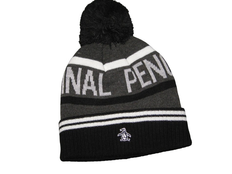 BNWT ORIGINAL PENGUIN Striped  Bobble Beanie Hat   Black Grey White