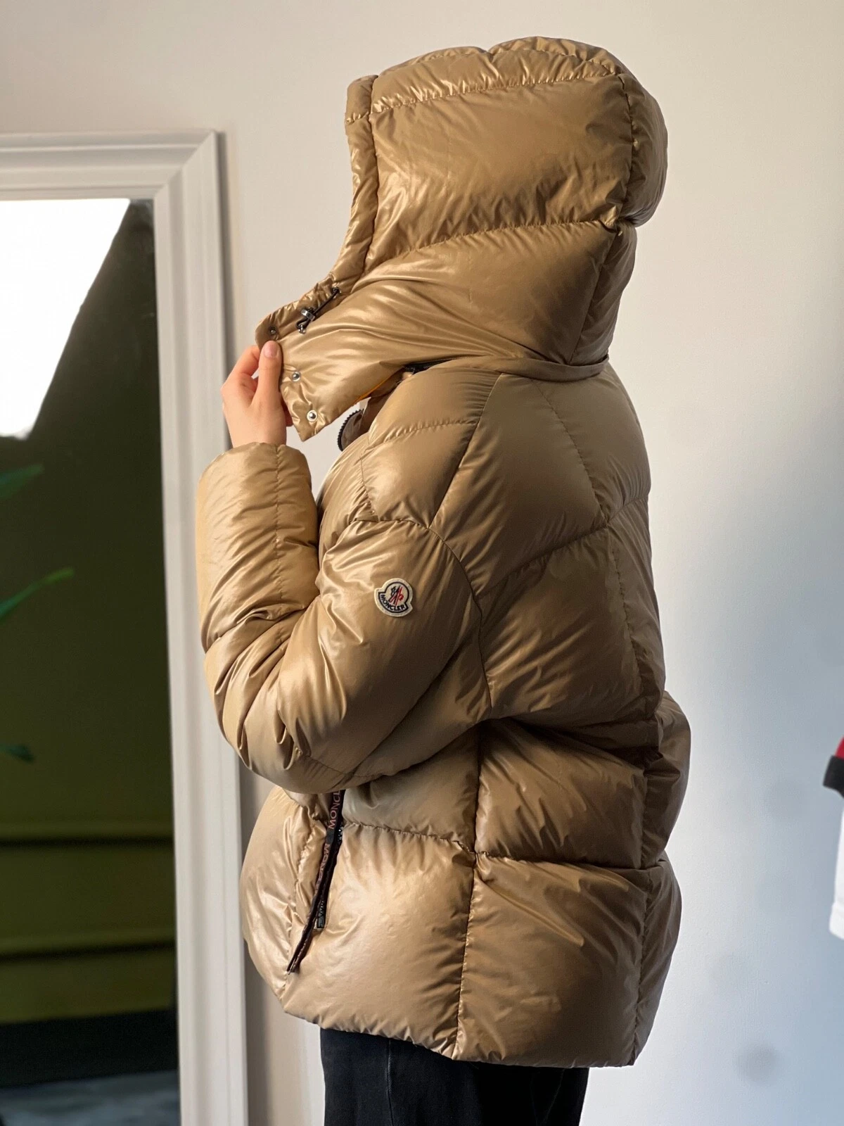 Moncler Parana Piumino Giubbotto Donna XL (Taglia 4) Beige Marrone Lucido