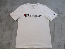 VINTAGE Champion Shirt Small White Blue Big C Logo Script Spell Out Embroidered