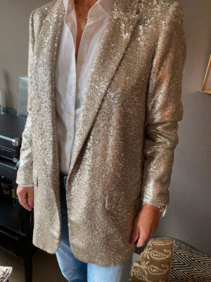 MASSIMO DUTTI Trinny Sequin Silver Gold Metallic Blazer Trophy