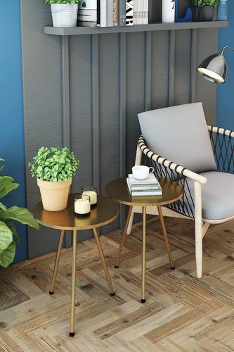 Set of 2 END Tables Marble Look Wood Round Sofa Side Table for Small Spaces - Picture 35 of 73