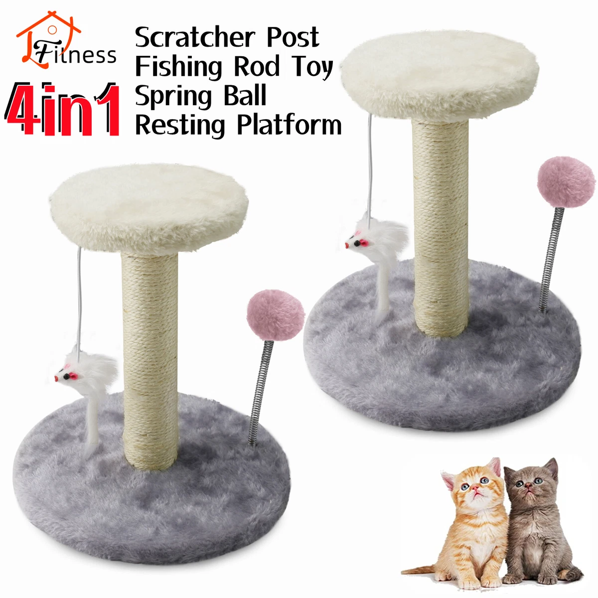 Cat Tree Cat Scratching Post Plush Perch With Bed Spring Ball Fishing Rod Toy