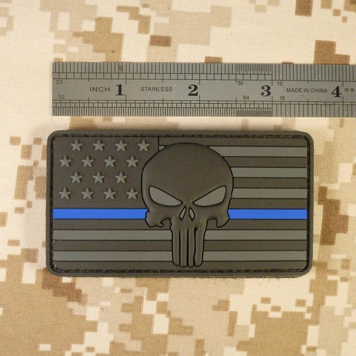 blue line skull USA american flag PVC 3D rubber ALL BLACK touch fastener patch - Picture 6 of 7