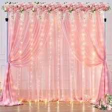 10x10ft Baby Pink Tulle Backdrop Curtain with LED String Lights Wedding Party