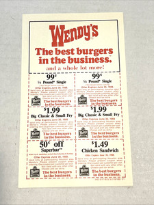 Vintage Wendy’s Coupon Sheet 1988 Fast Food Advertising Ephemera *MINT*