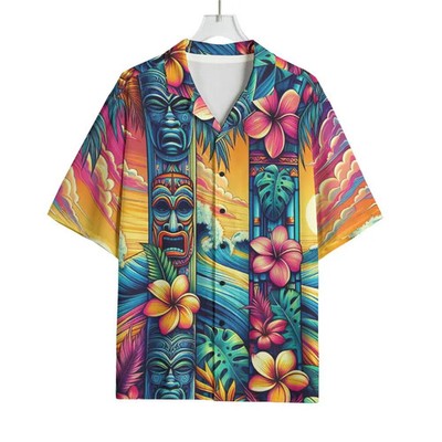 Tiki Mask Pop Art Hawaiian Shirt Rayon Short Sleeve Aloha Hawaiian Button Up