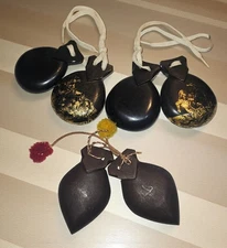 Lot Of 3 Pairs 1950s Spanish Castanets Black Lacquer Gold Trim Wood Mid-Century 