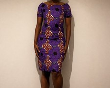 Ankara Dashiki Print Off Shoulder Bodycon Dress Purple African Wax Print Size M