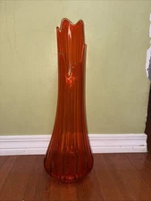 L E Smith Swung Vase Orange Fat Bottom 20.5” Tall Vintage