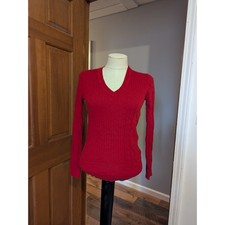 Tommy Hilfiger Red Cable Knit V Neck Long Sleeve Sweater Women Medium 100 Cotton