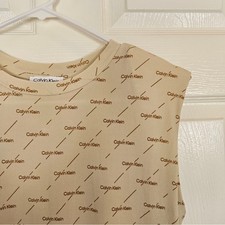 Calvin Klein Beige Tan Text Print Women's Dress Size 8 Shoulder Pads