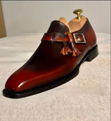 Handmade mens two tone buckle tasseles shoesshoes, Men burgundy leather shoes
