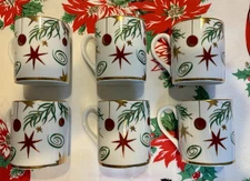VINTAGE Tiffany Holiday Christmas Tea Coffee Mugs STARS BAUBLES Japan LOT OF 6