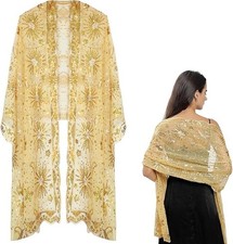 Spitzen-Stola bzw. Dupatta mit Pailletten auf Netzmaterial, goldfarben, neu