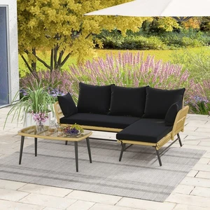 3PCS Patio Wicker Furniture Set L-Shaped Sofa Conversation Set w/ Black Cushions