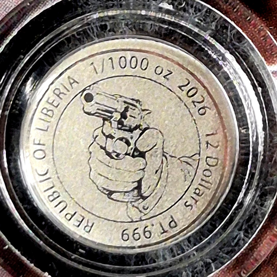 2026 Liberia $12 Revolver 1/1000 oz .999 Platinum Coin BU COA Low Serial #2539