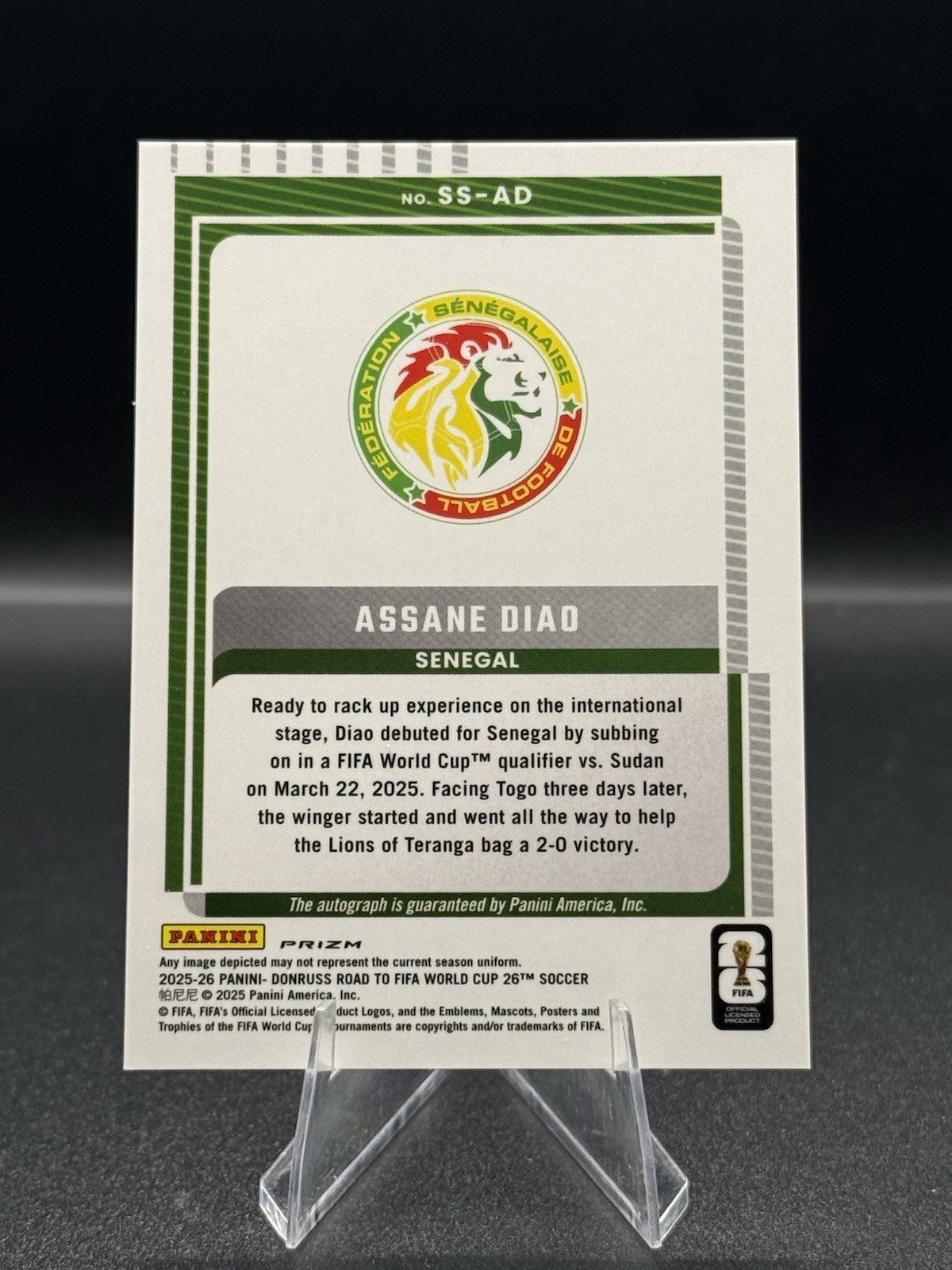 Panini Donruss Road to FIFA World Cup Assane Diao Auto SS-AD Senegal view 2
