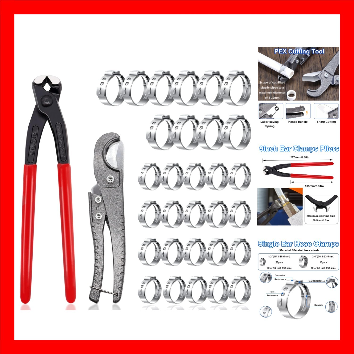 Pex Crimping Clamp Cinch Tool Kit with 20PCS 1/2-inch and 10PCS 3/4-inch PEX ...