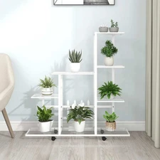 Plant Stand White Metal Medium Rollable Plant Stand