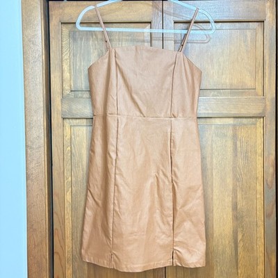Altar'd State Faux Leather Mini Dress Tan Spaghetti Strap Fit Flare Size  Large | eBay