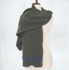100 Wool Ribbed Scarf Olive Green Blue Stripe Long Winter Unisex 68  X 12" Cozy