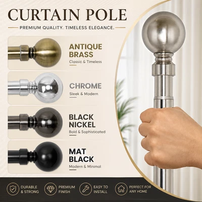 Extendable Metal Curtain Pole 28mm Plain Ball With Finials Rings Rod Fittings - Image 1 of 4