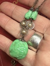 Art Deco Silver And Peking Glass Necklace Antique Silver Green Glass Pendant