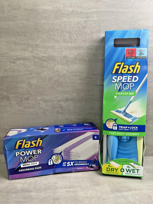 Flash Power Wischset All-In-One Bodenwischsystem & 8x Wischmopp absorbierende Pads NEU