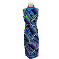 Vintage Geometric Print Dress Full Length Maxi Belted Size 12
