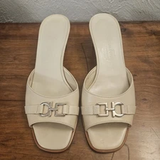 Salvatore Ferragamo Women's Beige Slip-on Mule with Silver Logo Hardware 8B