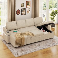 Corner Sofa Bed, L-Shaped Sleeper Sectional Couch with USB and Cup Holder ,Beige