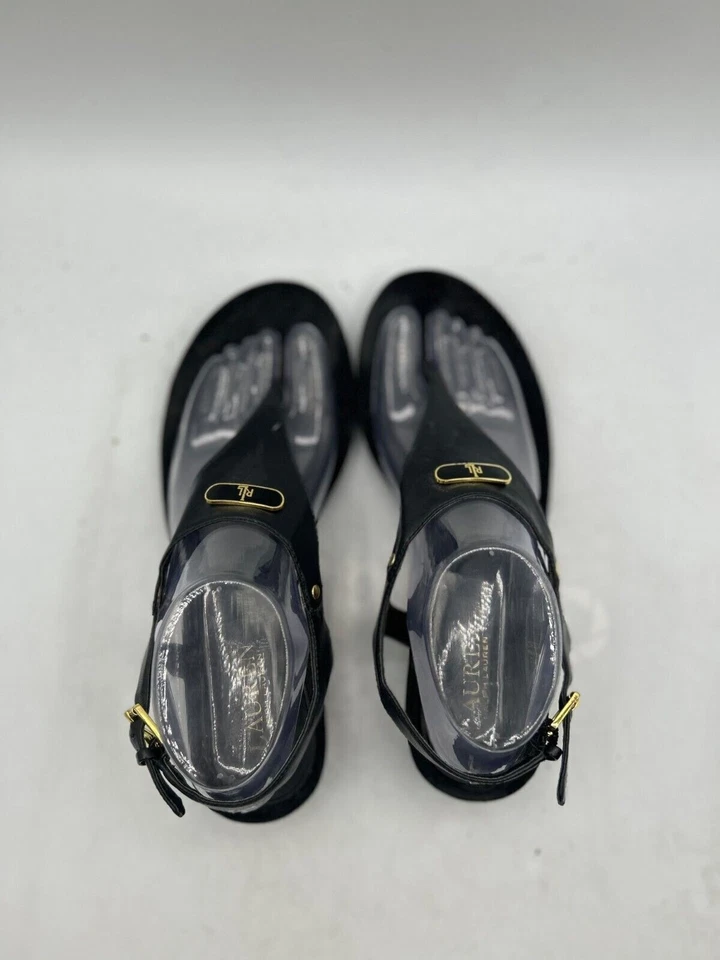 Sandalia tanga Lauren Ralph Lauren para mujer talla 8B negra punta abierta hebilla cuero Foto 4 de 4