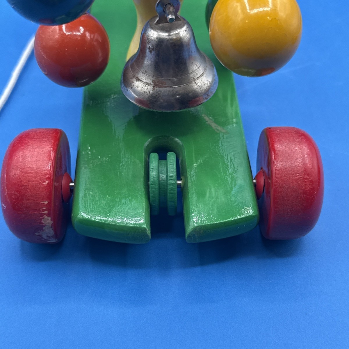 Vintage Kouvalias Wooden Pull Toy Greece Colorful Spinning Bell