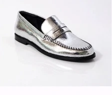 NWD $128 Free People Blanket Stitch Pale Pewter Leather Metallic Loafers Size 7
