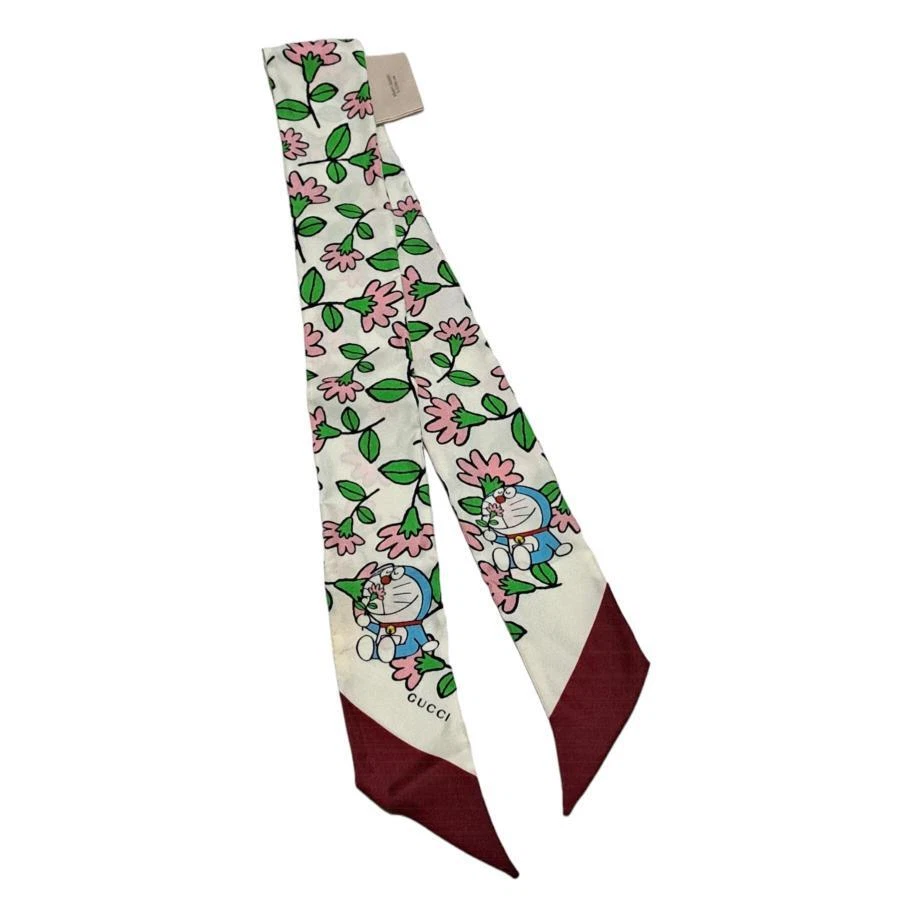 Gucci Authentique Foulard Doraemon Ruban Soie Col Noeud L5cm x H87,5cm Blanc Femme