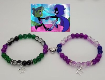2 Stück Beast Boy and Raven Teen Titans passendes Armband mit Herz Magnet