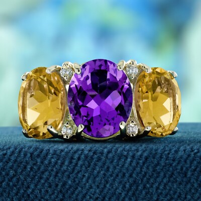 9K Gold Natural Amethyst and Citrine Diamond Vintage Style Three Stones Ring