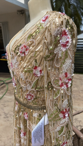 ABITO MANICA LUNGA MAC DUGGAL BEIGE IMPREZIOSITO FIORI PERLINE CINTURA DETTAGLIO TG 10 - Foto 7 di 20