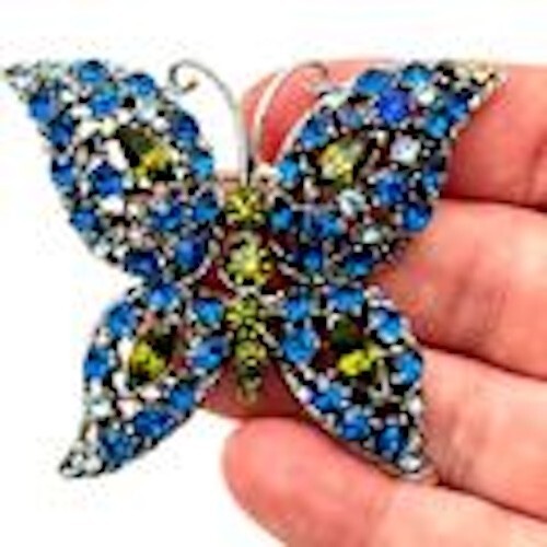 Vintage Womens Brooch Glass Rhinestone Silver Tone Blue Green Butterfly Pin - Picture 7 of 9