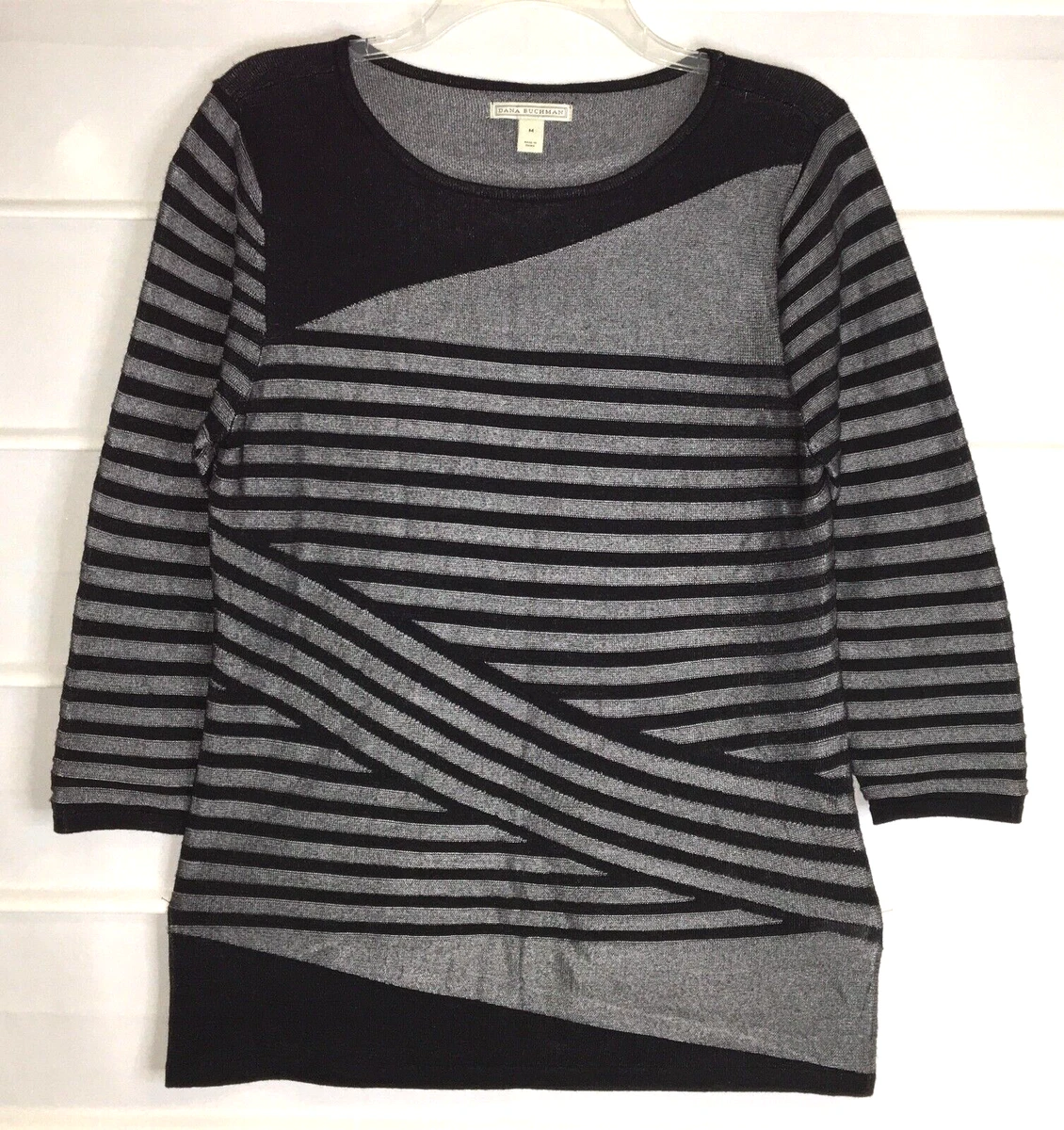 Dana Buchman Black u0026amp; Gray Shimmer Striped Knit Sweater 3/4 Sleeves  Medium EC! | eBay